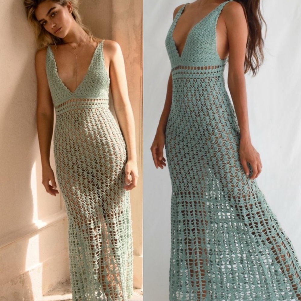 Flook the label | Crochet Beach Cover Up Dress In Sage Size; Small